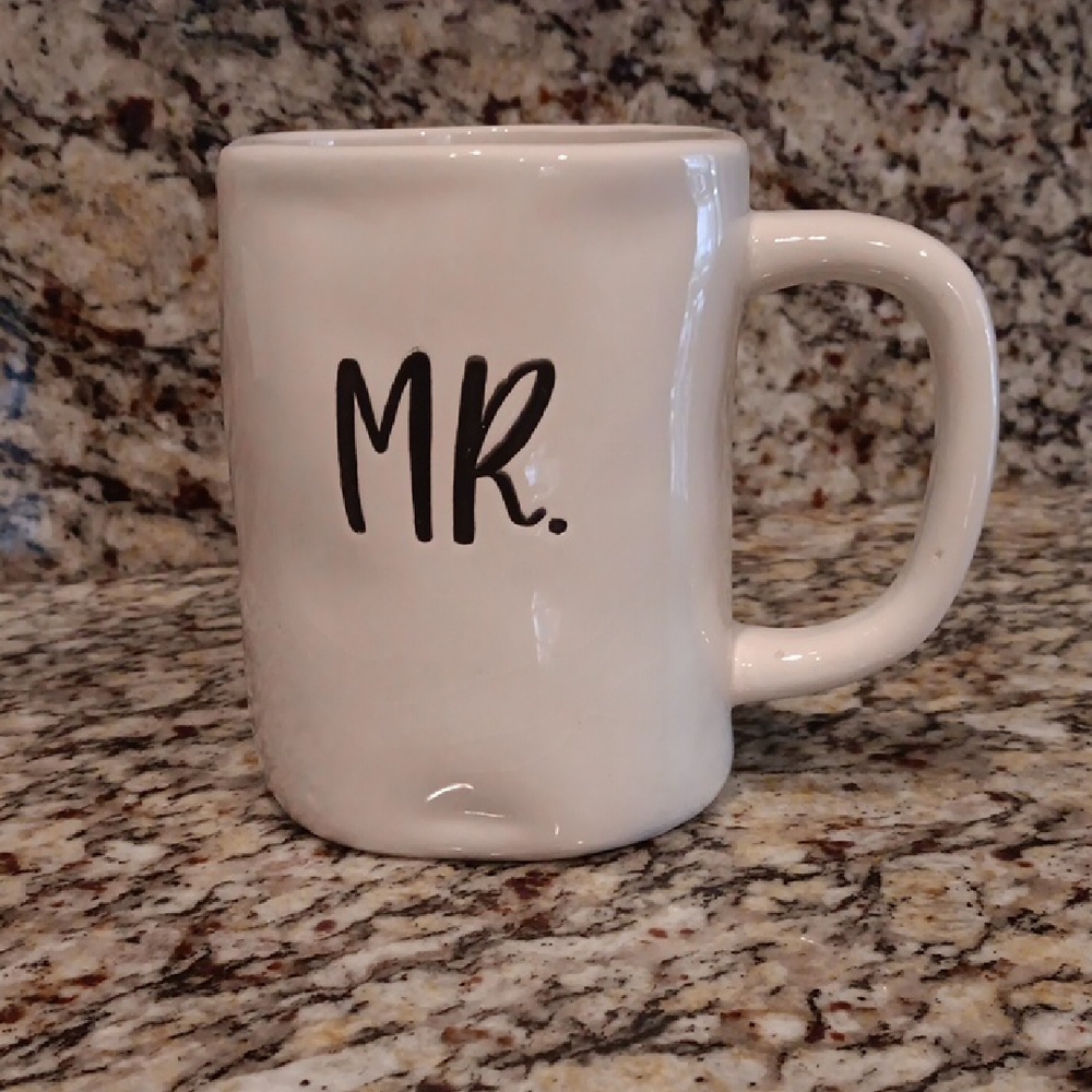 Mug Hand Molded Ceramic White with Black 'MR.' Design
